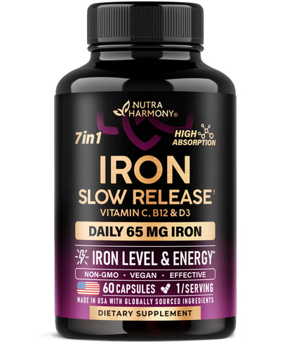Iron Supplement for Women - Iron 65mg (Ferrous Sulfate 325mg) - Stomach Friendly | Slow Release Iron | High Absorption - Vitamins C, D3, B6, B12 & Folate - PrimeBioHealth - canada supplements