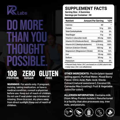 KR Labs Zero Carb 100% Pure Whey Isolate Protein Gummies | 300g Total Protein per Bag | 10g per Serving Plant Based with Vitamins for Men & Women - PrimeBioHealth - canada supplements