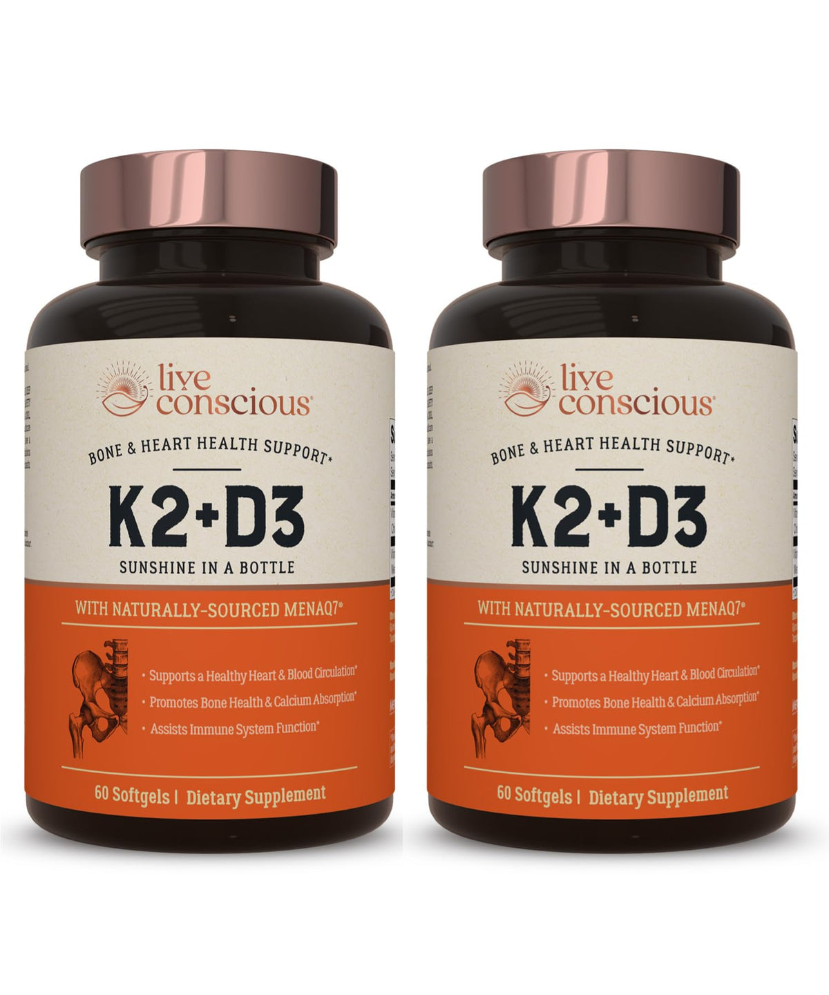 Live Conscious Vitamin K2 MK7 with D3 Supplement | Bone & Heart Health Support - Patented Vitamin K & Vitamin D3 5000 IU - 60 Softgels - PrimeBioHealth - canada supplements