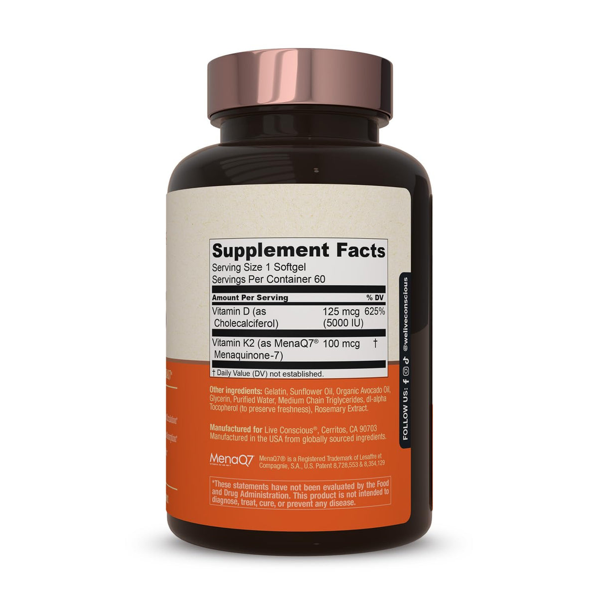 Live Conscious Vitamin K2 MK7 with D3 Supplement | Bone & Heart Health Support - Patented Vitamin K & Vitamin D3 5000 IU - 60 Softgels - PrimeBioHealth - canada supplements