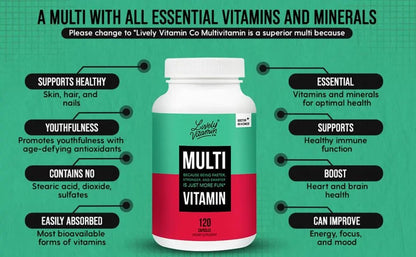 LIVELY VITAMIN CO. Multivitamin - 37 Vitamins Minerals and Extracts - Energy - Memory - Immune Function - Heart- Brain - Focus - Mood - Antioxidants - Dairy Gluten Soy Free - 60 Vegetarian Capsules - PrimeBioHealth - canada supplements