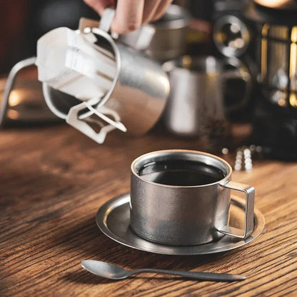 Retro Series Coffee Cup Set Double Wall 304 Stainless Steel with Coffee Spoon Coffee Disc Frosted Industrial Style Tea Cup Set