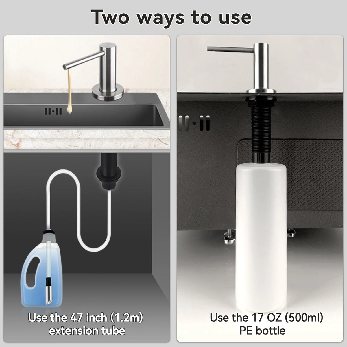 Solid 304 Stainless Steel Soap Dispenser for Kitchen Sink with 17 OZ Bottle and 47 inch Extension Tube Kit