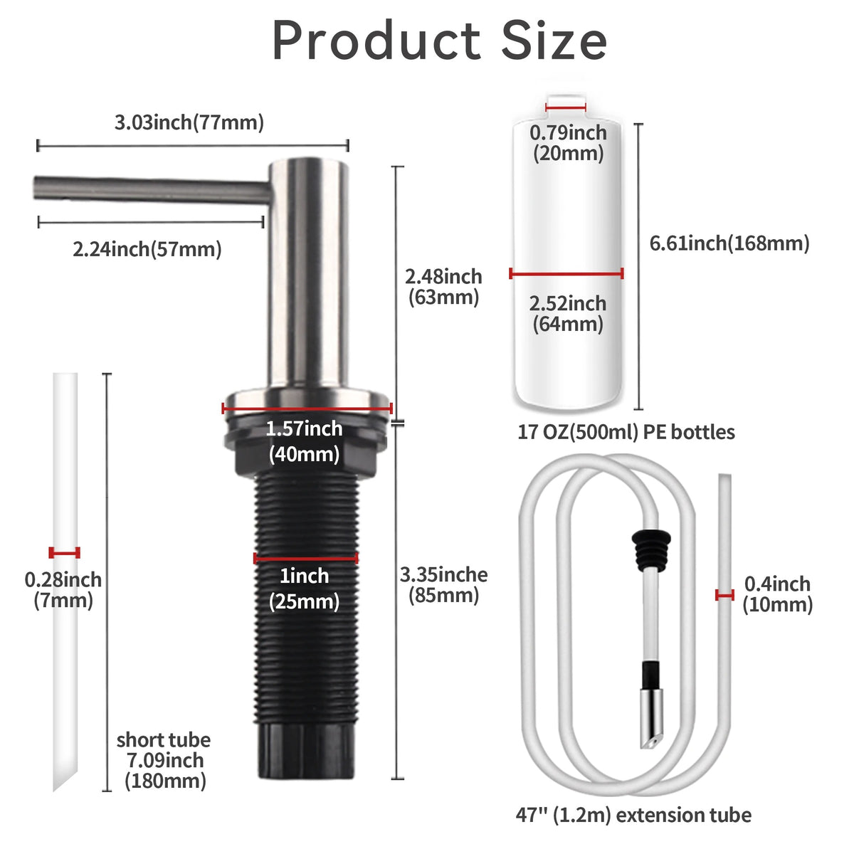 Solid 304 Stainless Steel Soap Dispenser for Kitchen Sink with 17 OZ Bottle and 47 inch Extension Tube Kit
