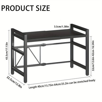 Expandable Microwave Shelf, Microwave Holder with 6 Hooks, Kitchen Storage Rack, Microwave Baking Rack, Extendable 40-64cm