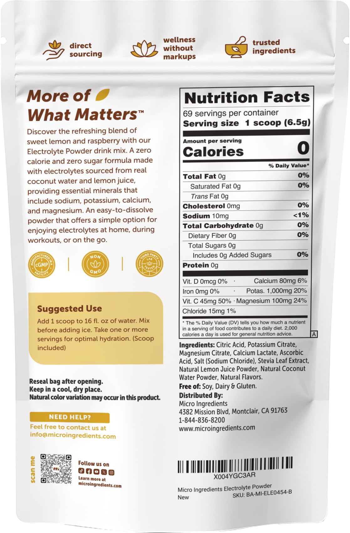 Micro Ingredients Hydration Electrolyte Powder, 1 lb (69 Servings) | Lemon Raspberry Flavor | High Potassium (1,000mg) + Coconut Water & Real Lemon Juice | No Sugar, Keto Friendly | Non-GMO - PrimeBioHealth - canada supplements