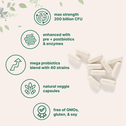 Micro Ingredients Probiotics 200 Billion CFU, 120 Veggie Capsules | Mega Probiotics for Men & Women | 40 Strains with Prebiotics, Postbiotics & Digestive Enzymes | Gut, Immune & Digestive Health - PrimeBioHealth - canada supplements