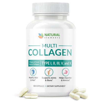 Multi Collagen 180 Protein Capsules - Type I, II, III, V, X Collagen Pills - Proprietary Blend of Eggshell, Chicken, Wild Fish & Grass-Fed - PrimeBioHealth - canada supplements