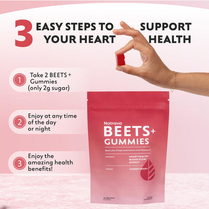 Natrava Beets+ Gummies - Premium Beet Root Powder, Grape Seed Extract and Vitamin C - Supports Healthy Blood Pressure and Heart Health - Low Sugar Nitric Oxide and Circulation Supplement - 50 Gummies - PrimeBioHealth - canada supplements