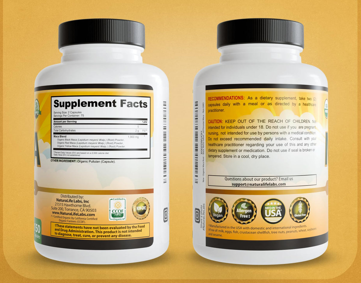 NaturaLife Labs Organic Maca Root – Black, Red & Yellow – 1900 mg per Serving – 150 Capsules – Gelatinized Peruvian Maca - PrimeBioHealth - canada supplements