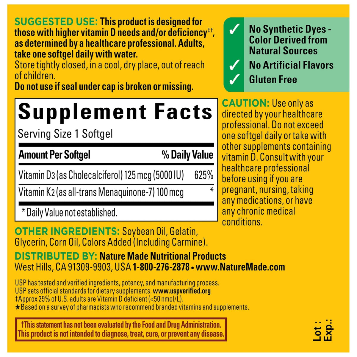 Nature Made Vitamin D3 K2 Supplement, 5000 IU (125 mcg) Vitamin D for Bone, Teeth, Muscle and Immune Support - PrimeBioHealth - canada supplements