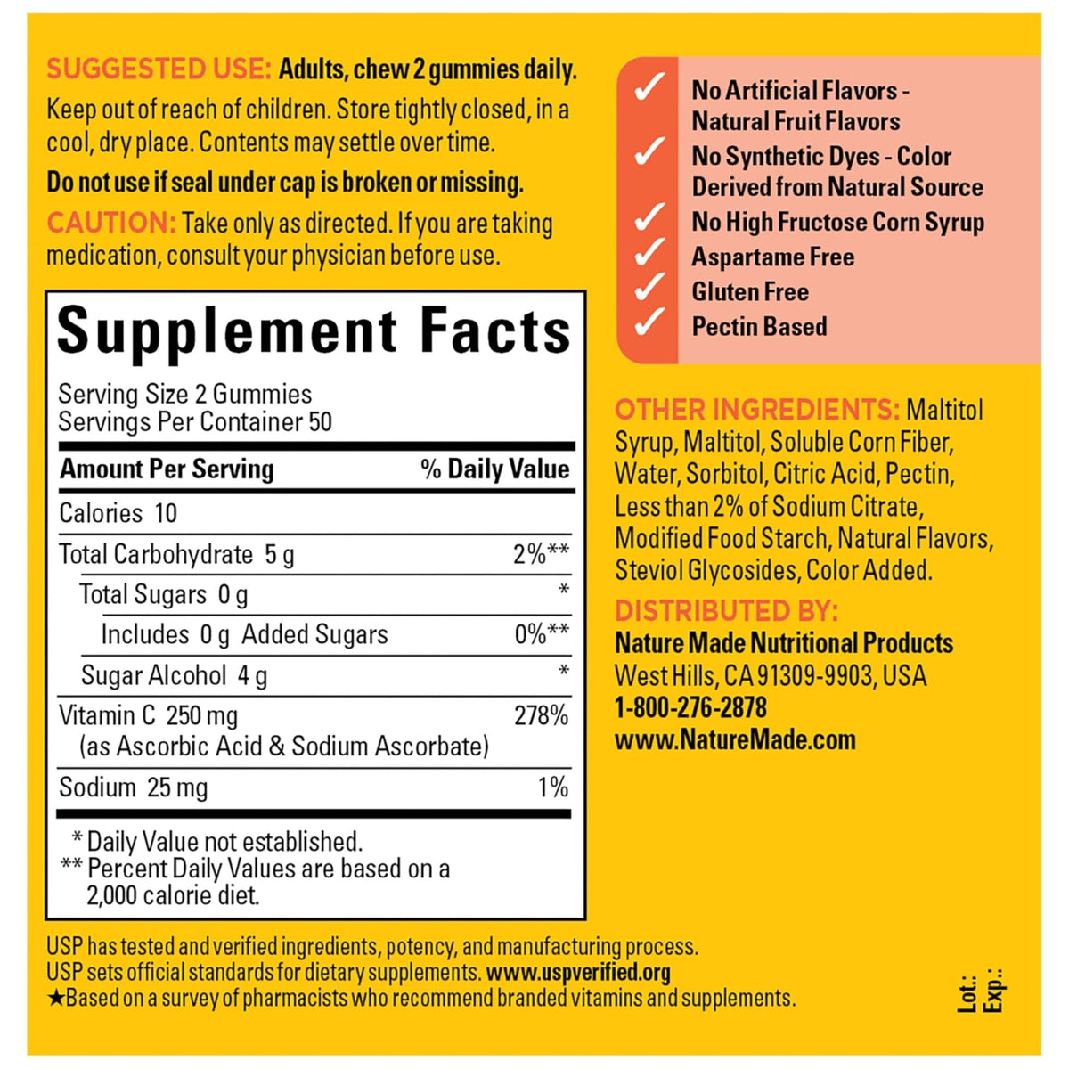 Nature Made Zero Sugar Vitamin C Gummies 250 mg Per Serving, Immune & Antioxidant Support, Aspartame Free - PrimeBioHealth - canada supplements