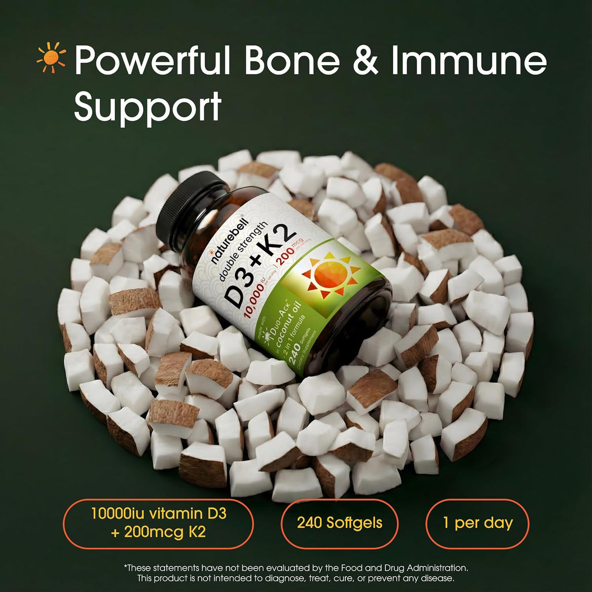 NatureBell Vitamin Double Strength D3 + K2-240 Softgels - 10,000 IU Vitamin D & 200mcg K2 - Bone Strength, Immune Function & Calcium Absorption Support* - Coconut Oil Infused - PrimeBioHealth - canada supplements