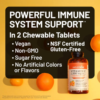 NatureWise Extra Strength Vitamin C Chewable 1000mg for Adults - Natural Orange Flavor - Immune System & Antioxidant Support - Non-GMO - PrimeBioHealth - canada supplements