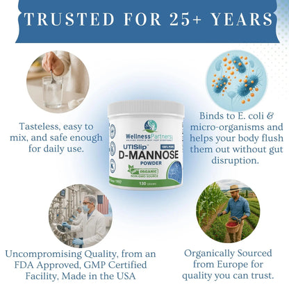 Now New UTI-Slip D Mannose Non GMO Organic Source Powder 130g jar. - PrimeBioHealth - canada supplements