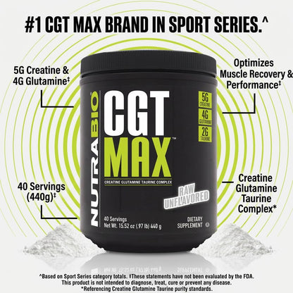 NutraBio CGT-MAX Powder- Creatine, Glutamine and Taurine to Support Muscle Recovery and Strength - 40 Servings - Unflavored - PrimeBioHealth - canada supplements