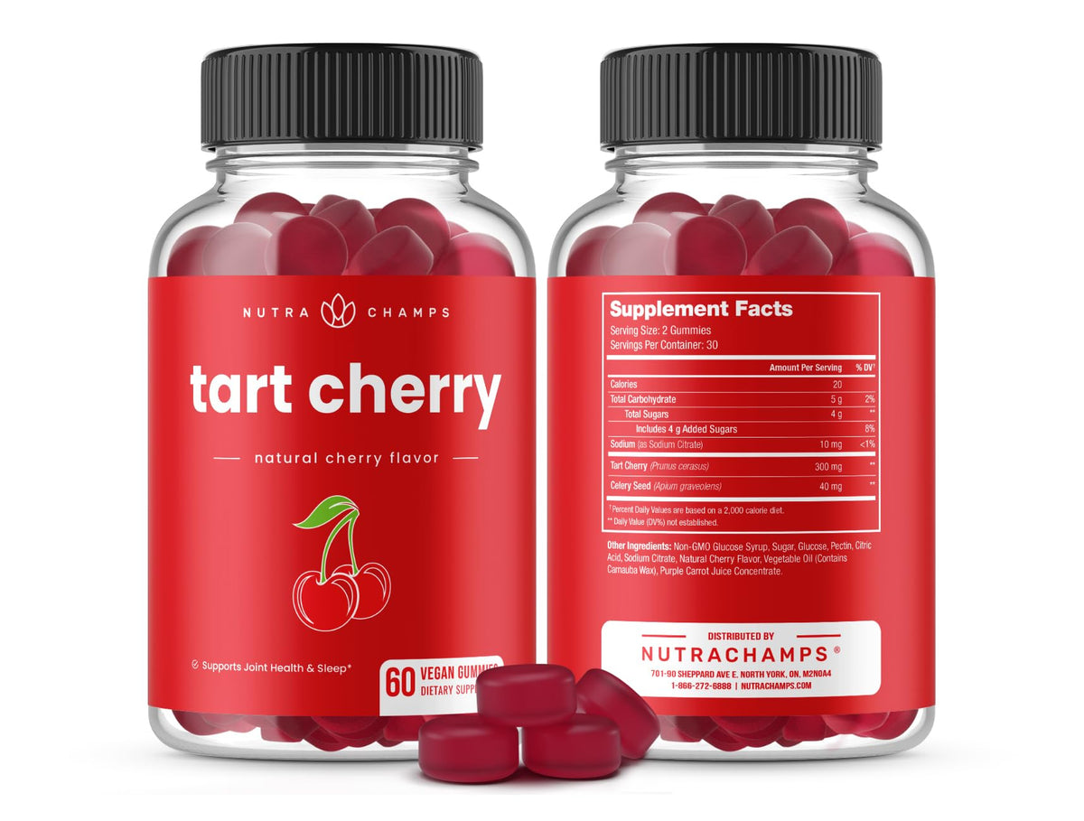 NutraChamps Tart Cherry Gummies - Tart Cherry Extract with Celery Seed - 60 Vegan Gummies (2-Pack) - PrimeBioHealth - canada supplements