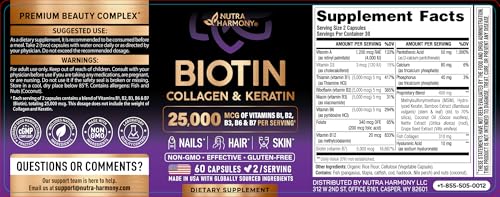 NUTRAHARMONY Biotin | Collagen | Hyaluronic Acid | Keratin - Support Normal Hair Growth Cycle - Skin & Nails - 25000mcg Vitamins B1, B2, B3, B6 & B7 - PrimeBioHealth - canada supplements