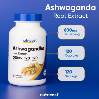 Nutricost Ashwagandha Herbal Supplement 600mg, 120 Capsules | Vegetarian, Non-GMO, Gluten Free, Ashwagandha Root - PrimeBioHealth - canada supplements