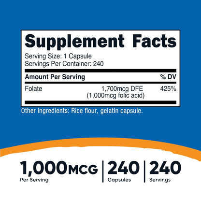 Nutricost Folic Acid (Vitamin B9) 1000 mcg, 240 Capsules - PrimeBioHealth - canada supplements
