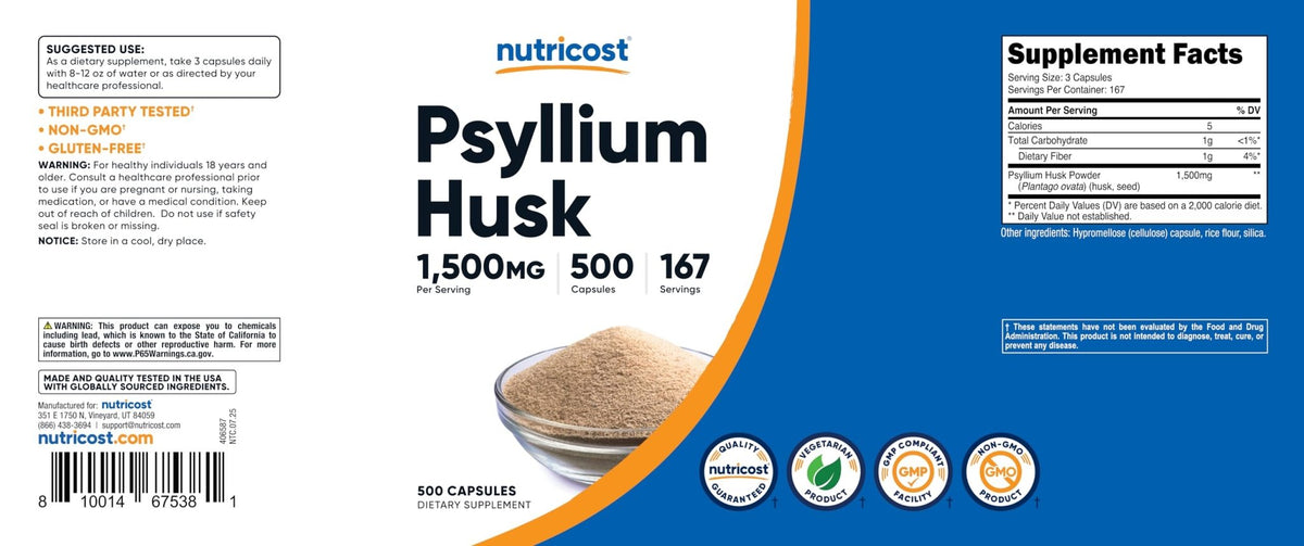 Nutricost Psyllium Husk 1500mg Per Serving, 500 Capsules - Non-GMO & Gluten Free - PrimeBioHealth - canada supplements
