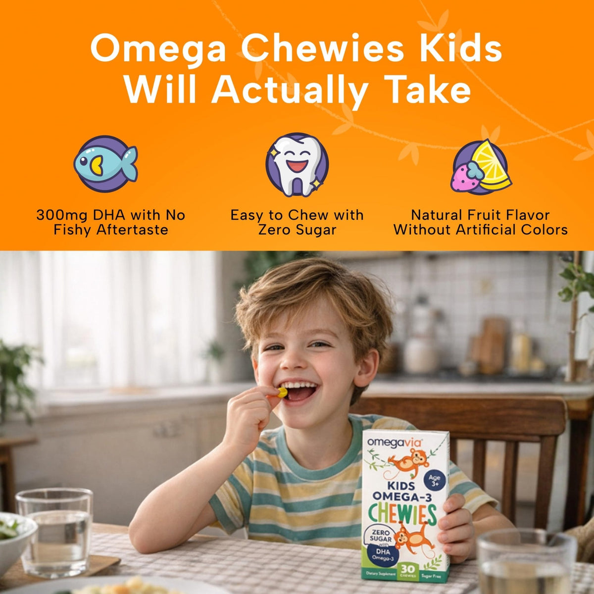 OmegaVia Omega 3 Chewies, Daily DHA Chewable Vitamins for Kids, Omega 3 for Ages 3-12 to Support Brain & Eye Health, Sugar-Free Natural Fruit Flavor, Omega 3 Fish Oil, 30 Individual Packets - PrimeBioHealth - canada supplements