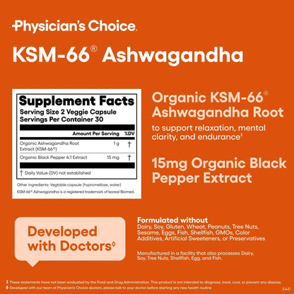 Physician's CHOICE KSM-66 Ashwagandha Root Powder Extract 1,000mg - Organic - with Black Pepper for Maximum Absorption - 5% Withanolides - PrimeBioHealth - canada supplements