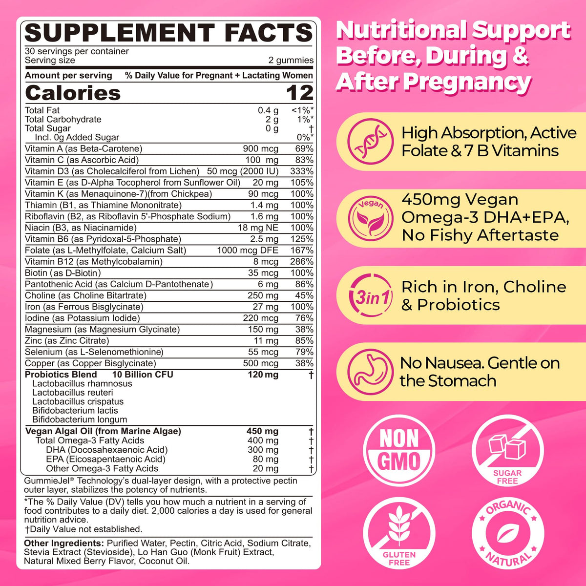 Prenatal Vitamins for Women Multivitamin Gummies w/ Methylfolate 1mg, Choline Omega-3(DHA+EPA) Iron, Postnatal Vitamins for Women Breastfeeding | Before,During & After Pregnancy,Sugar Free,Vegan,60Cts - PrimeBioHealth - canada supplements