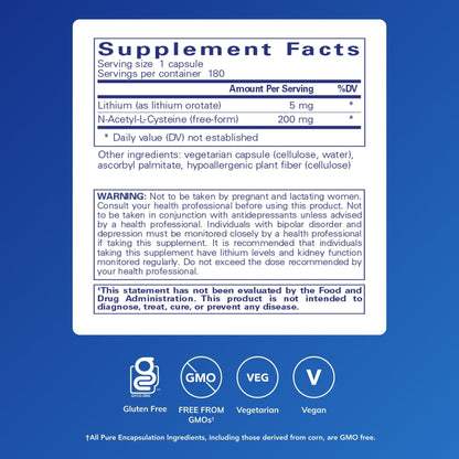 Pure Encapsulations Lithium Orotate 5 mg - Brain Support Supplement - with N-Acetyl-L-Cysteine (NAC) for Memory & Brain Behavior* - PrimeBioHealth - canada supplements