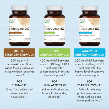 PURE ESSENCE LABS MyPure Lion's Mane 4X - Ultra Strength Brain Support Supplement for Cognitive Health, Focus, Memory & Mental Clarity, 60 Capsules - PrimeBioHealth - canada supplements