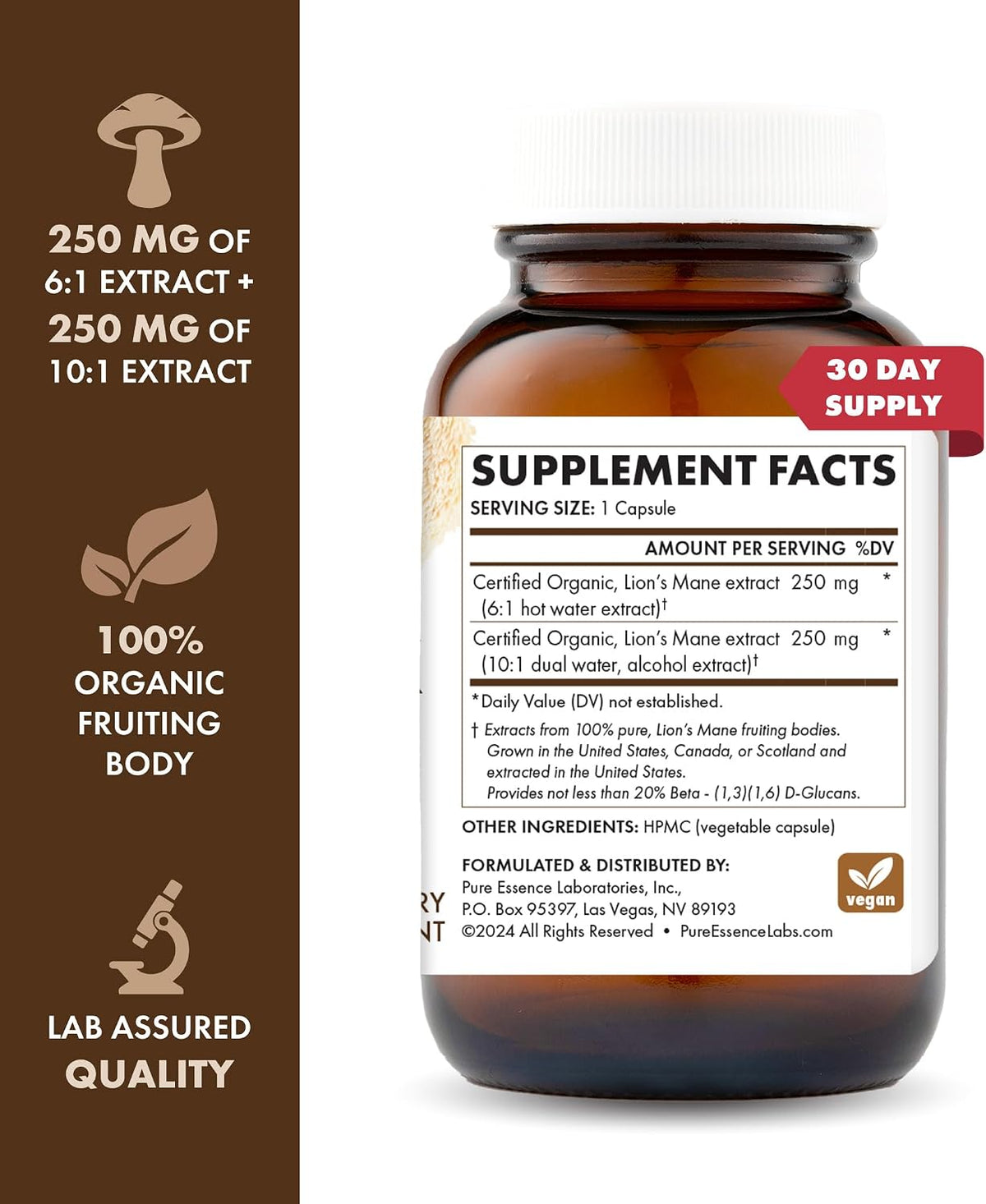 PURE ESSENCE LABS MyPure Lion's Mane 8X - Max Strength Brain Support with 100% Fruiting Body Organic Lion's Mane for Ultimate Cognitive Performance, Focus, and Mental Clarity, 60 Capsules - PrimeBioHealth - canada supplements