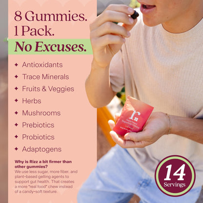 Rizz Low Sugar Green Gummies - 60+ Superfoods 6g Fiber - Prebiotic and Probiotic Gummies - Vegan Multivitamins for Women & Men - Gluten Free - Mushroom, - PrimeBioHealth - canada supplements