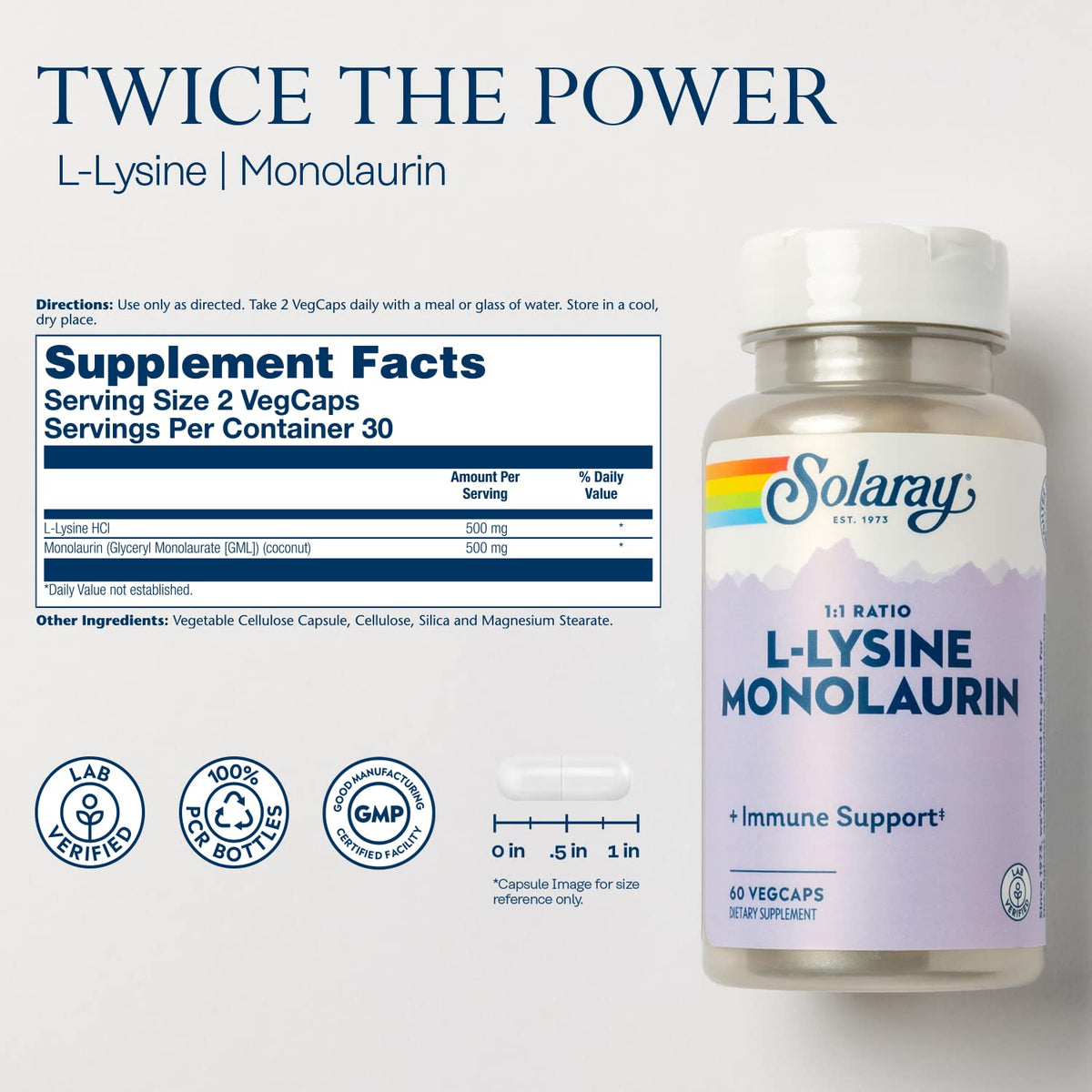 SOLARAY L-Lysine Monolaurin Immune Support Supplement, 1:1 Ratio for Immune System Function, 500 mg Each, 30 Servings, 60 VegCaps - PrimeBioHealth - canada supplements