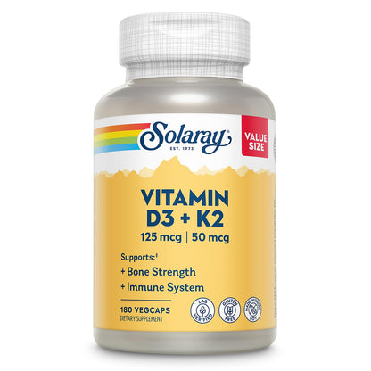 SOLARAY Vitamin D3 K2 - Bone Health and Immune Support Supplement - With 5000 IU Vitamin D as Vit D3 and 50 mcg Vitamin K2 as Menoquinone MK7, Made Without Soy, 60-Day Guarantee, 120 Serv, 120 VegCaps - PrimeBioHealth - canada supplements