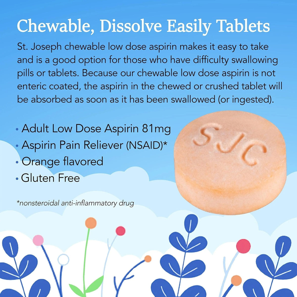 St. Joseph Aspirin Pain Reliever (NSAID) 81mg, Chewable Orange Tablets Adult Low Dose Regimen , 108 ct (3 x 36 ct Tablets per Bottle) - PrimeBioHealth - canada supplements