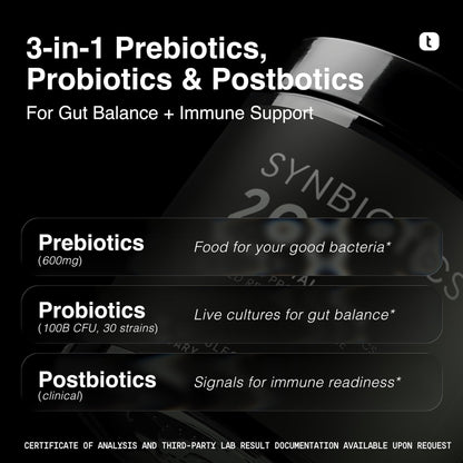 Toniiq Prebiotics and Probiotics – 200B CFU Synbiotic with Postbiotics IMMUSE® & ButyraGen® – 30 Strains for Gut & Digestive Health – Shelf-Stable - PrimeBioHealth - canada supplements
