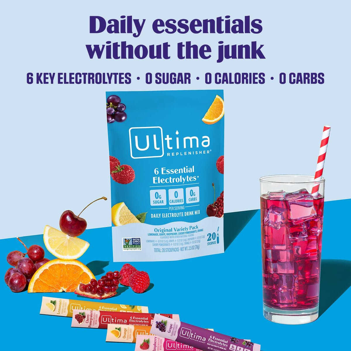 Ultima Replenisher Daily Electrolyte Powder – Original Variety Pack, 20 Stickpacks – Zero Sugar Hydration Packets with 6 Electrolytes and Minerals – Sugar Free - PrimeBioHealth - canada supplements