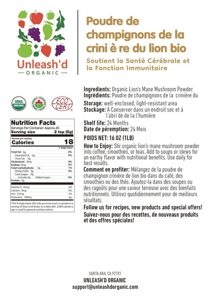 UNLEASH'D ORGANIC Organic Lion's Mane Mushroom Powder 16 oz – 100% Pure Natural Superfood, Rich in Antioxidants & Polysaccharides - PrimeBioHealth - canada supplements