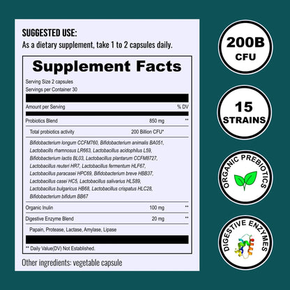 UpNourish Probiotics - 200 Billion CFUs for Men and Women, 15 Clinically Studied Strains, Prebiotics & Enzymes - 60 Vegan Capsules - PrimeBioHealth - canada supplements