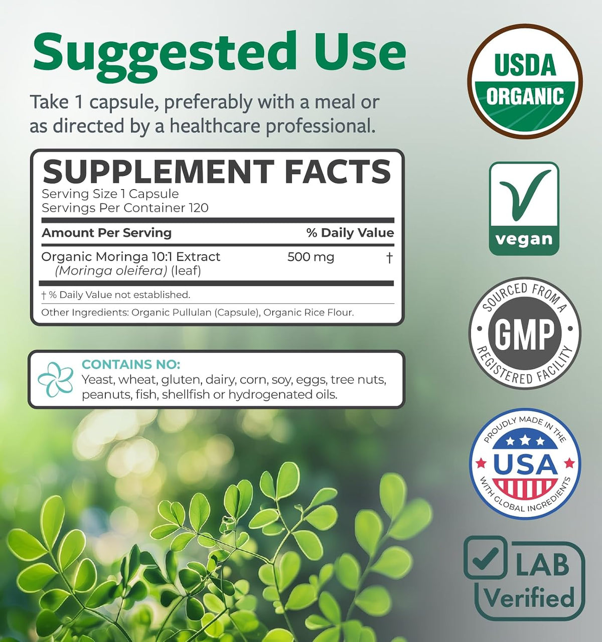 USDA Organic Moringa Capsules - High Potency Organic Moringa 500mg Extract 10:1 Per 1 Capsule Serving - Nutrient Dense Green Superfood Antioxidant - Vegan & Non-GMO Moringa (4 Month Supply) - PrimeBioHealth - canada supplements