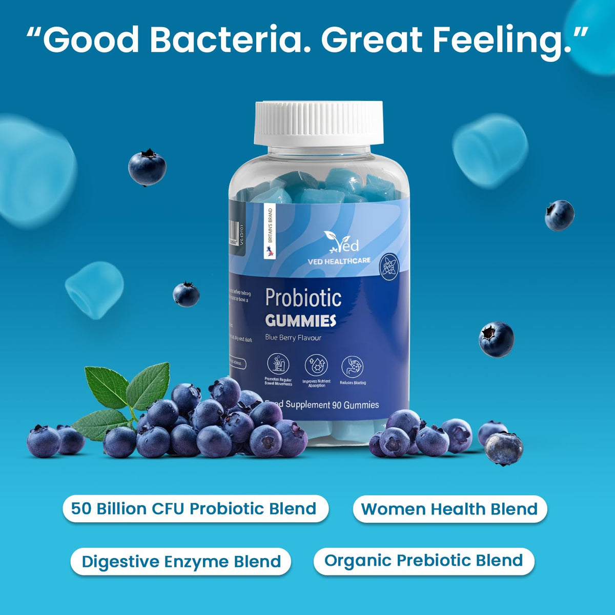 Vegan Probiotic Gummies with Prebiotics, Blueberry Flavour, 2 Gummies Daily (90 Count), 45 Days Supply, Non-GMO, Gluten Free, - PrimeBioHealth - canada supplements