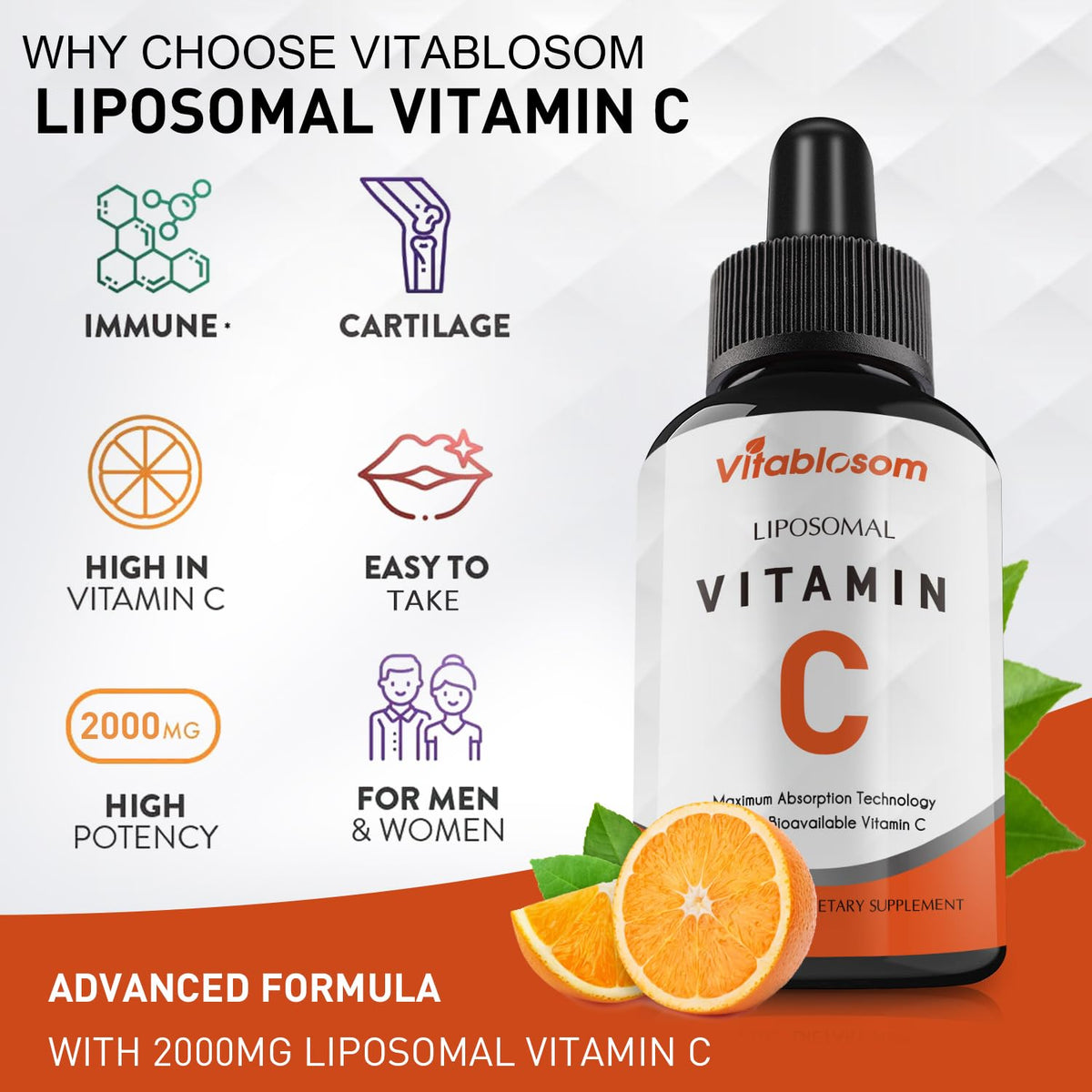 Vitablosom Liposomal Vitamin C 2000mg Liquid for Adults, High Absorption VIT C, Maximize Vitamin C, Immune System & Antioxidant Support, 60ML (2 Bottle) - PrimeBioHealth - canada supplements