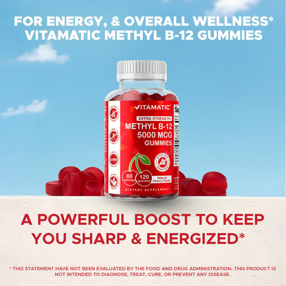 Vitamatic Extra Strength Vitamin B12 5000 mcg (Methyl B12) Gummies - 120 Count - Energy Metabolism Support and Nervous - PrimeBioHealth - canada supplements