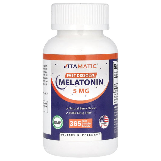 Vitamatic Melatonin 5 mg Tablets | Vegetarian, Non-GMO, Gluten Free | 1 Year Supply | Natural Berry Flavor - 365 Tablets - PrimeBioHealth - canada supplements