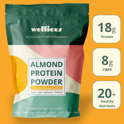 wellious Almond Protein Powder (Unflavored, Unsweetened) - 18 Grams of Pure Healthiest Vegan Protein for Women & Men | Soy-Free & Gut Friendly Protein - PrimeBioHealth - canada supplements