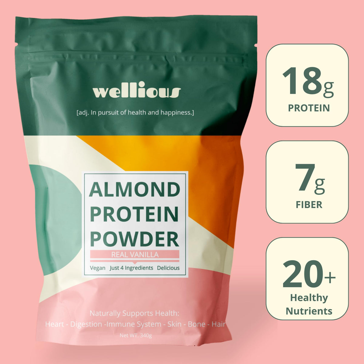 wellious Almond Protein Powder (Vanilla) - 18 Grams of Pure Healthiest Vegan Protein for Women & Men - Perfect Soy-Free & Smooth Gut Friendly Protein Powder for Sports Nutrition - PrimeBioHealth - canada supplements