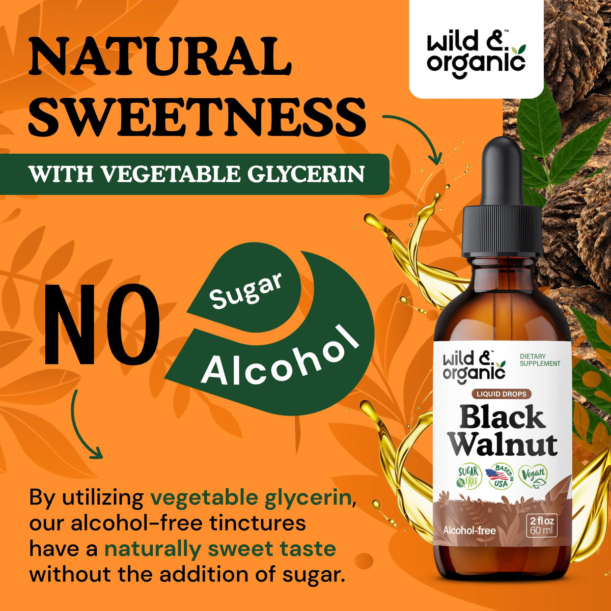 Wild & Organic Black Walnut Hull Tincture - Cleanse & Gut Support - Black Walnut Extract Supplement - Fast Absorption Liquid Drops - Add to Tea & Mix with Powder - Without Alcohol & Sugar - 4 fl oz - PrimeBioHealth - canada supplements