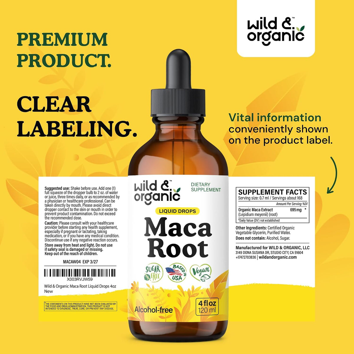Wild & Organic Maca Root Liquid Drops for Men & Women - Peruvian Maca Tincture for Overall Support - Vegan, Sugar & Alcohol-Free Supplement - 4 fl oz - PrimeBioHealth - canada supplements