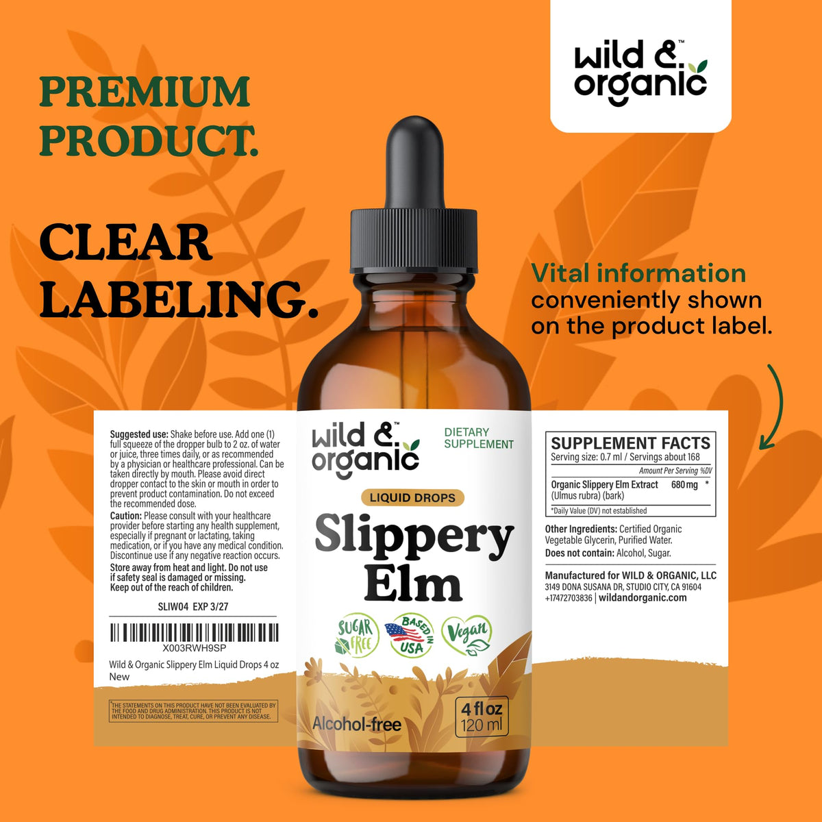 Wild & Organic Slippery Elm Liquid Drops - Lung, Digestive & Women's Support - Slippery Elm Bark Supplement - Add to Tea Tincture - Ulmus Rubra Herb - Vegan, Sugar & Alcohol-Free - 4 fl oz - PrimeBioHealth - canada supplements