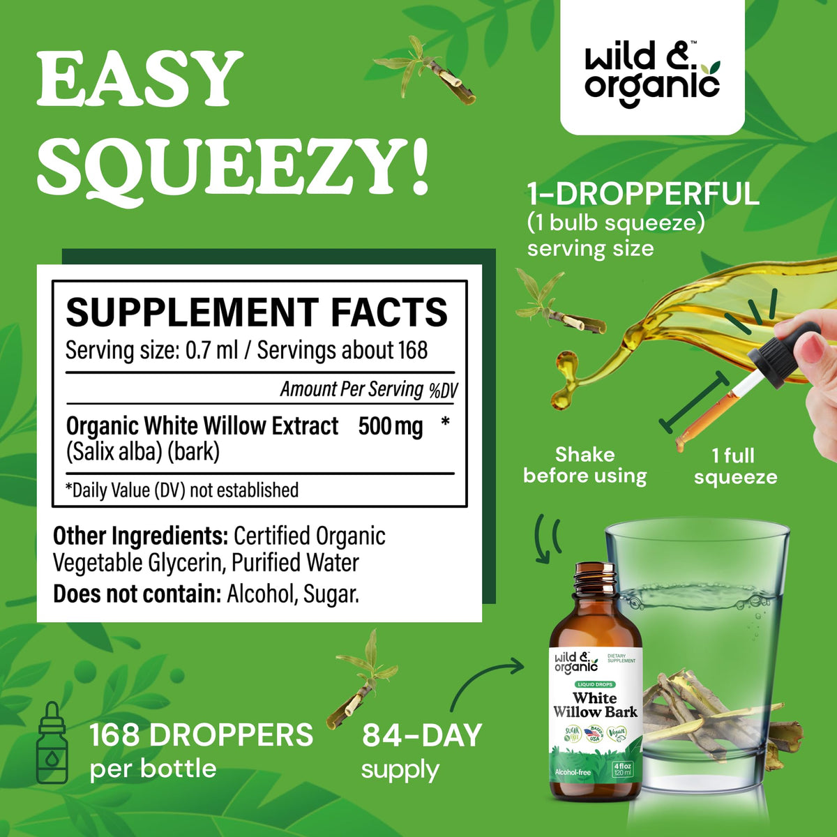 Wild & Organic White Willow Bark Tincture - Liquid Supplement for Overall Support - Alcohol & Sugar-Free White Willow Extract Drops - Salix Alba Bark - Vegan, No Additives - 4 fl oz - PrimeBioHealth - canada supplements